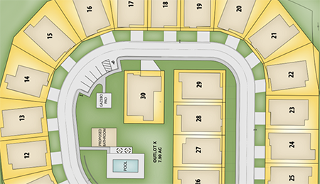 Site map of Villas at Kettlestone community showing numbered villa lots arranged along a curved street with green space, walking paths, outdoor kitchen, dog park, and community amenities in the center.