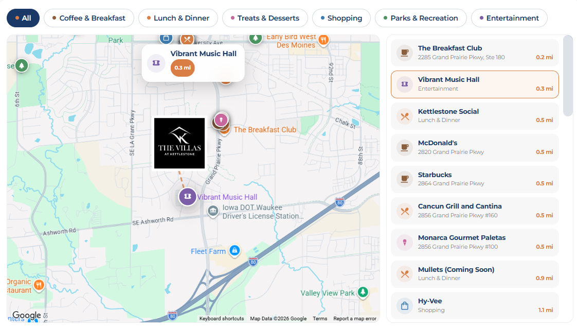Neighborhood amenities map showing The Villas at Kettlestone with nearby dining, shopping, parks, and entertainment and their distances